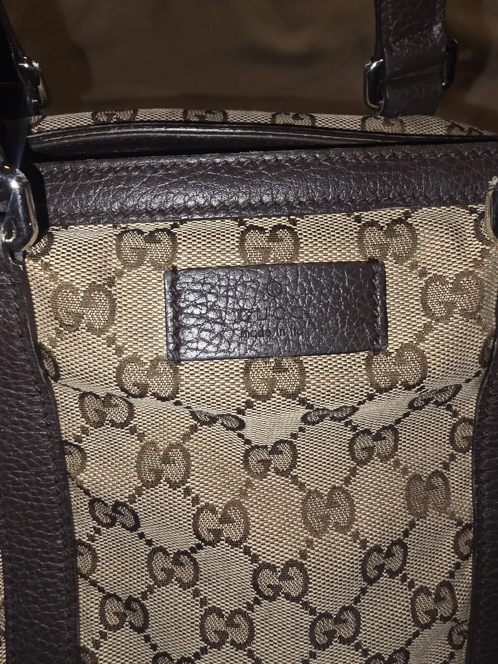 Gucci JOY  GG Canvas Tote Bag with Dark Brown Leather Trim